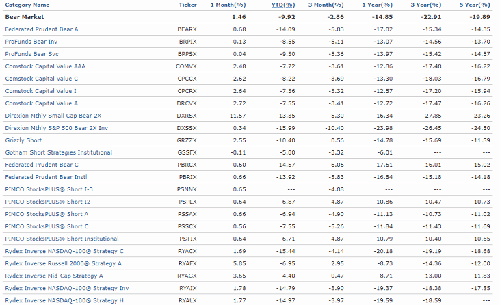 Bear market fund performance (Source: Morningstar)